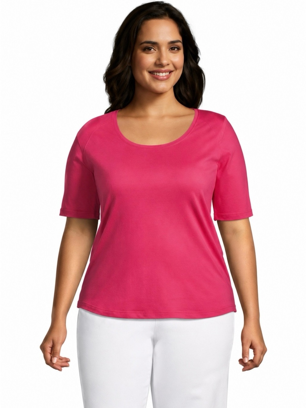 LANDSEND Women’s Plus 100% Supima Cotton Elbow Sleeve Scoop Neck Tee Shirt